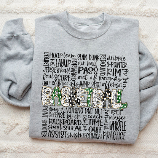 Basketball Doodle Word Art Forest Green Black DTF Transfer