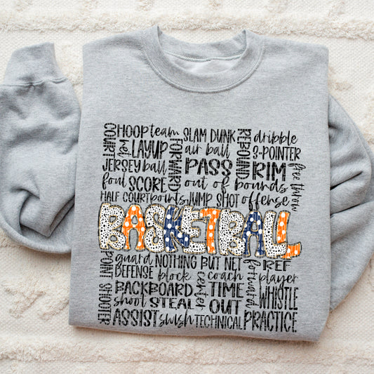 Basketball Doodle Word Art Navy Blue Orange DTF Transfer