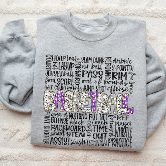 Basketball Doodle Word Art Purple Grey DTF Transfer