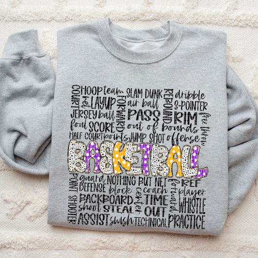 Basketball Doodle Word Art Purple Yellow Gold DTF Transfer