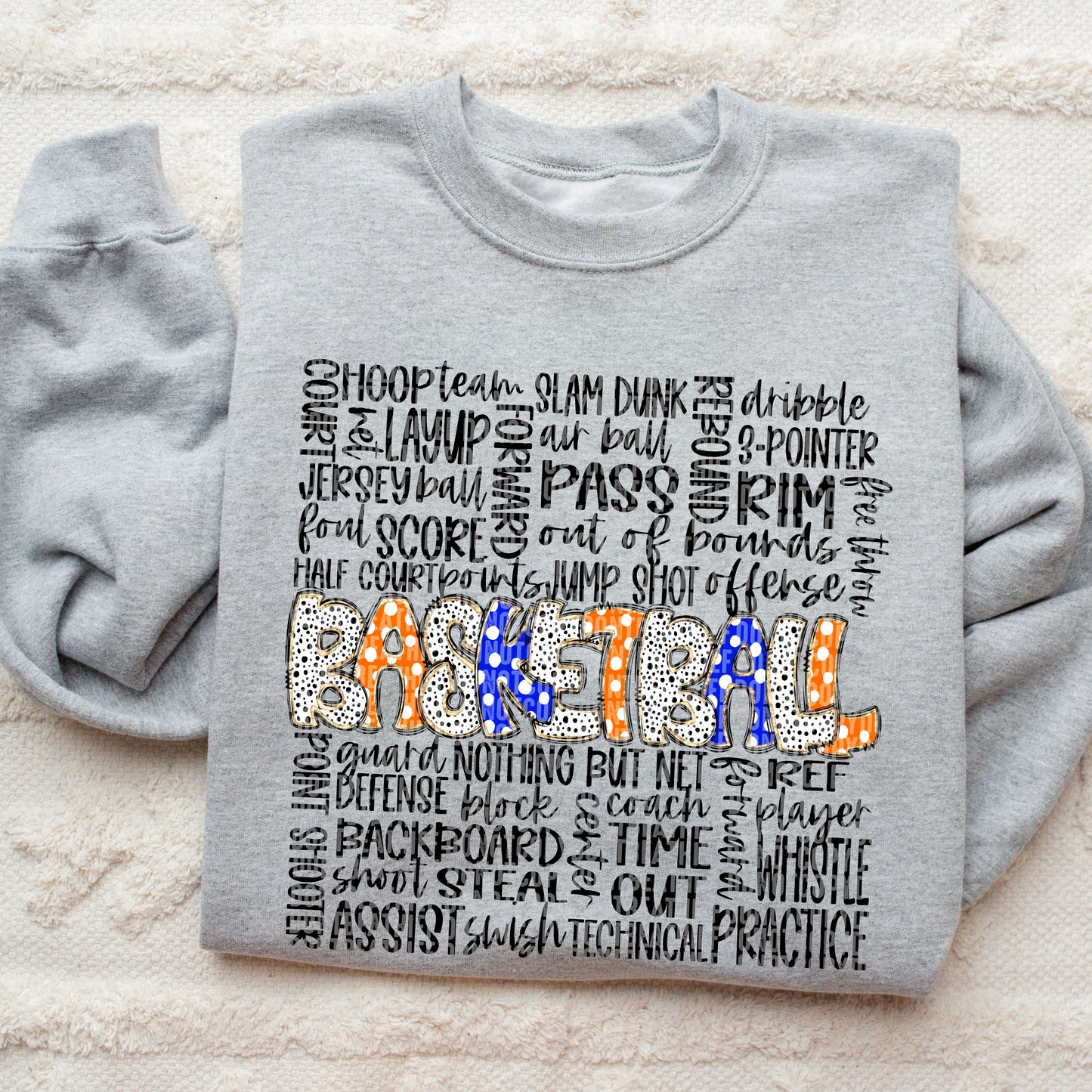 Basketball Doodle Word Art Royal Blue Orange DTF Transfer