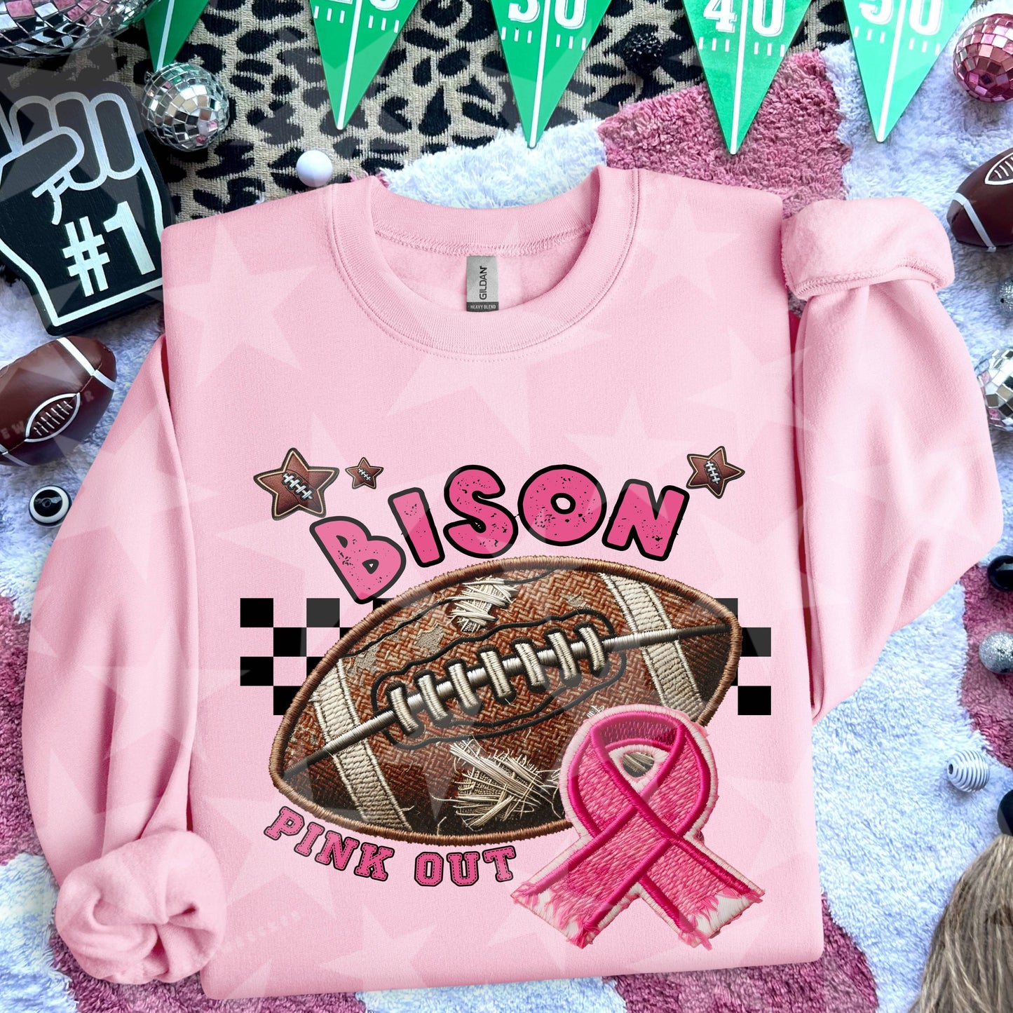 Bison Football Embroidery Faux Pink Out Mascot DTF Transfer