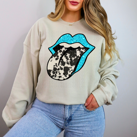 Blue Glittery Cow Print Lips DTF Transfer