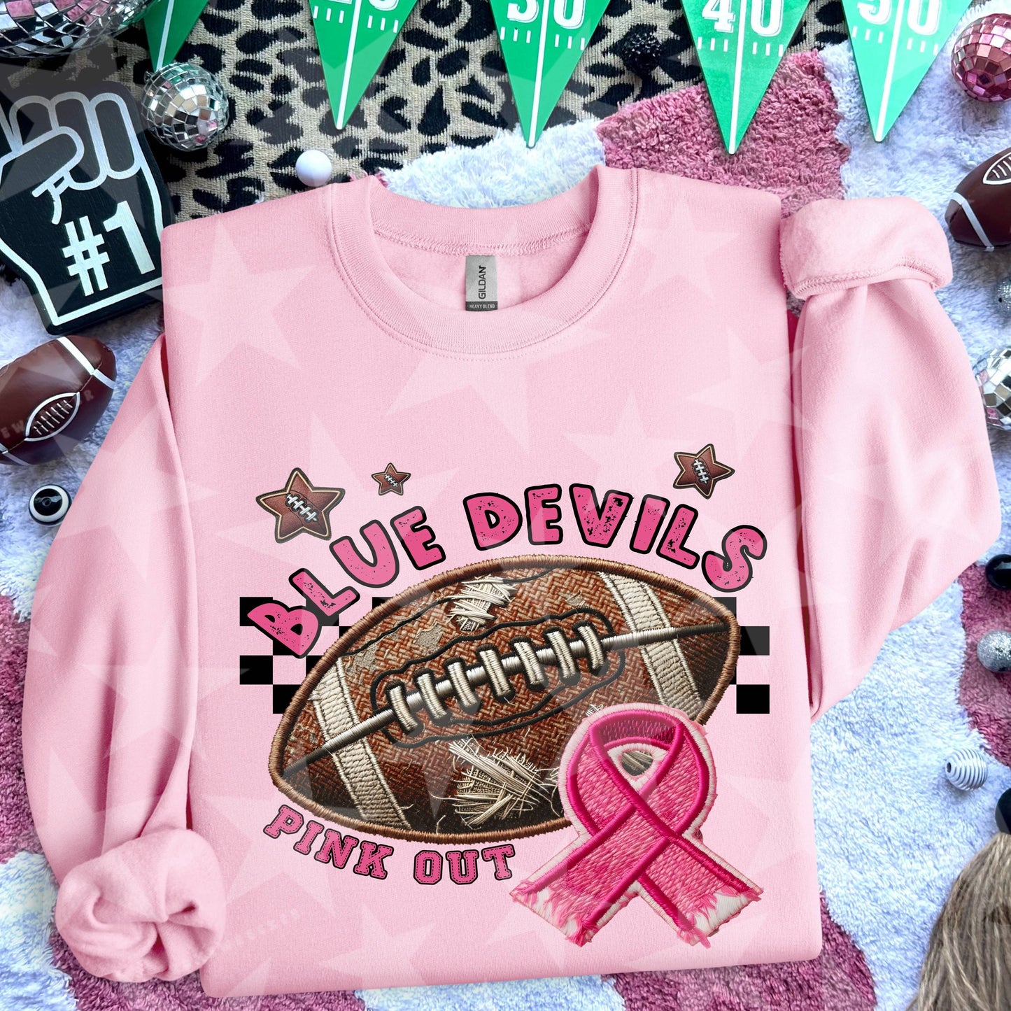 Blue Devils Football Embroidery Faux Pink Out Mascot DTF Transfer