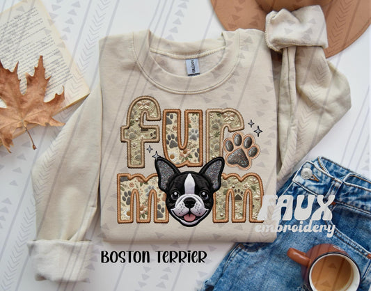 Boston Terrier Fur Mom Embroidery Faux DTF Transfer
