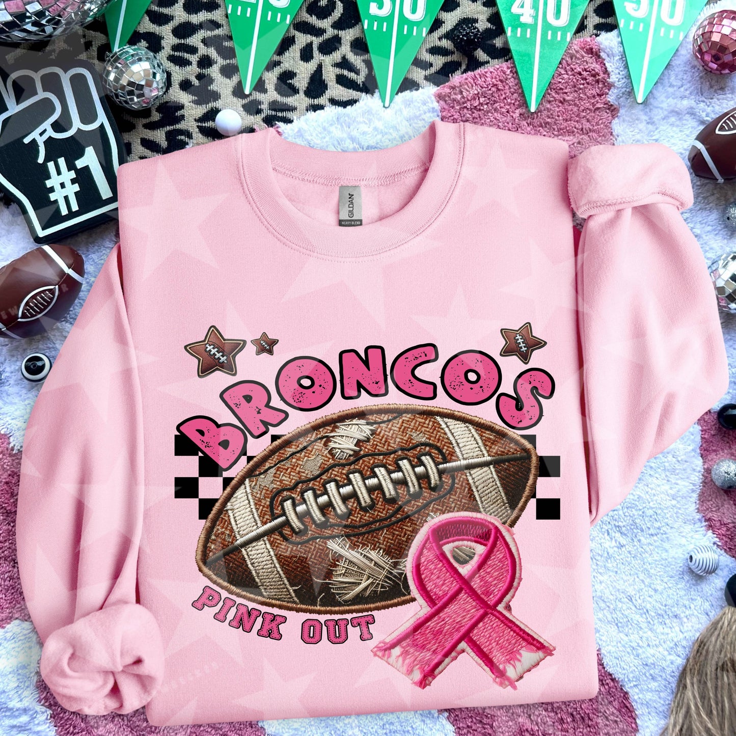 Broncos Football Embroidery Faux Pink Out Mascot DTF Transfer