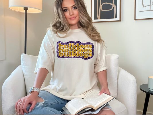 Bulldogs Sequined Stacked Gold and Purple DTF Transfer