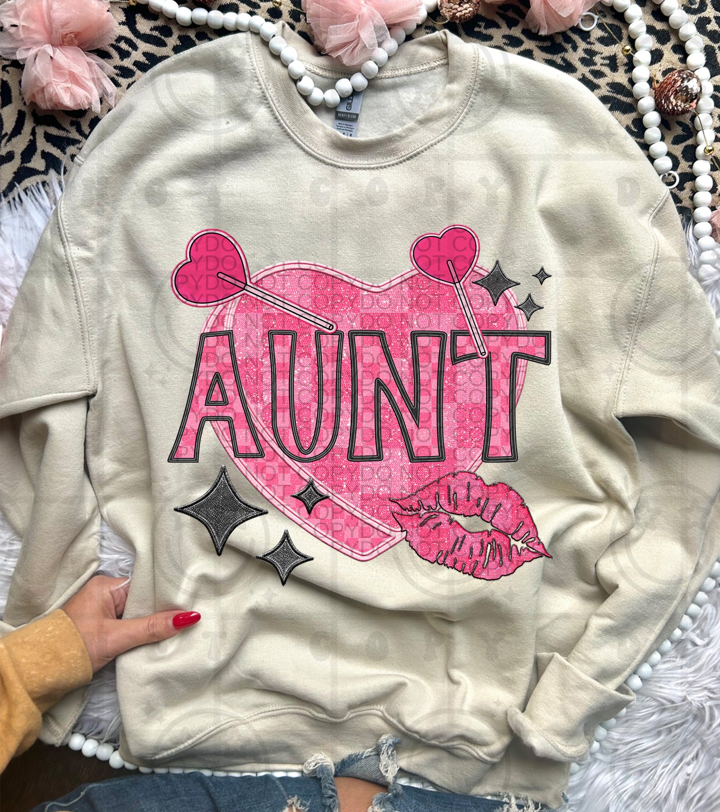 Aunt Candy Heart Lips Name DTF Transfer