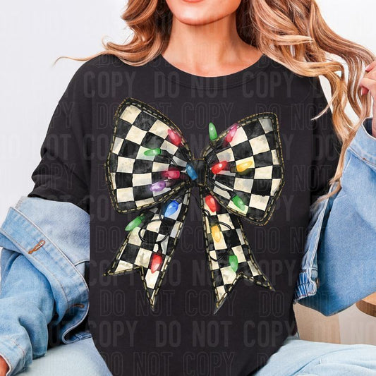 Checkered Christmas Light Bow DTF Transfer