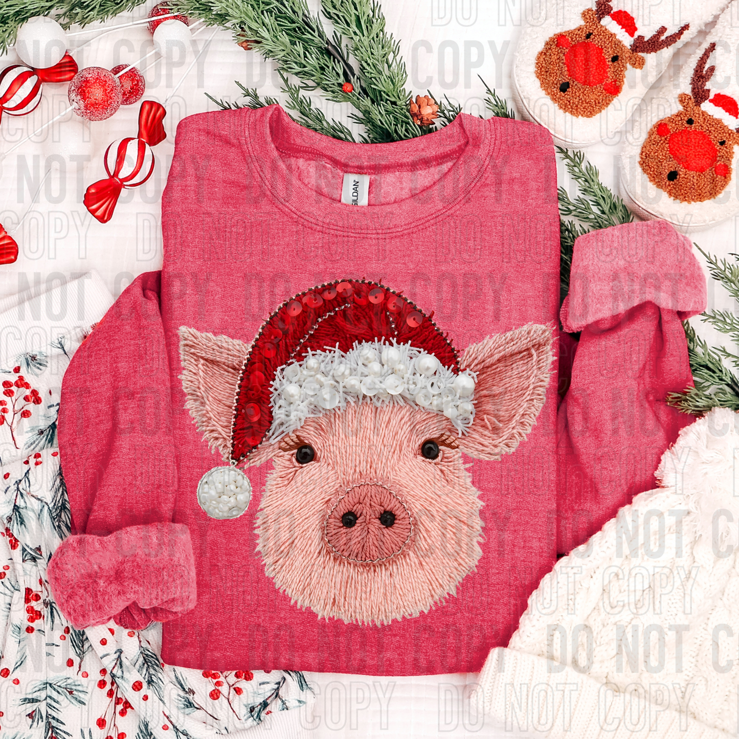 Christmas Pig Yarn Faux DTF Transfer