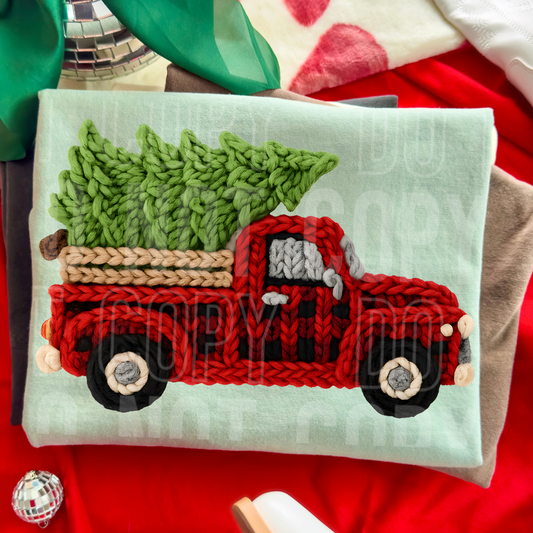 Christmas Plaid Truck W/ Tree Yarn Faux DTF Transfer