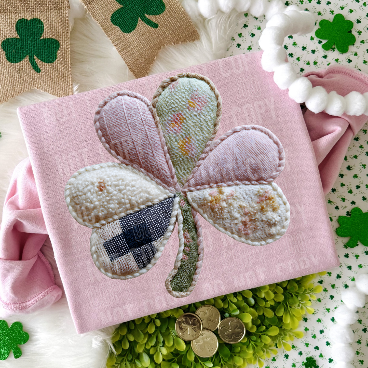 Pink Yarn & Fabric Faux Clover DTF Transfer