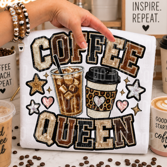 Coffee Queen Faux Sequin DTF Transfer