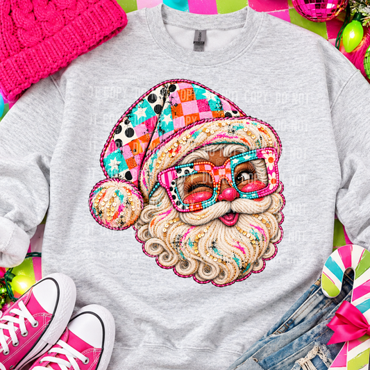 Colorful Santa Dark Faux Sequin Embroidery DTF Transfer
