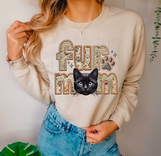 Black Short Hair Cat Fur Mom Embroidery Faux DTF Transfer