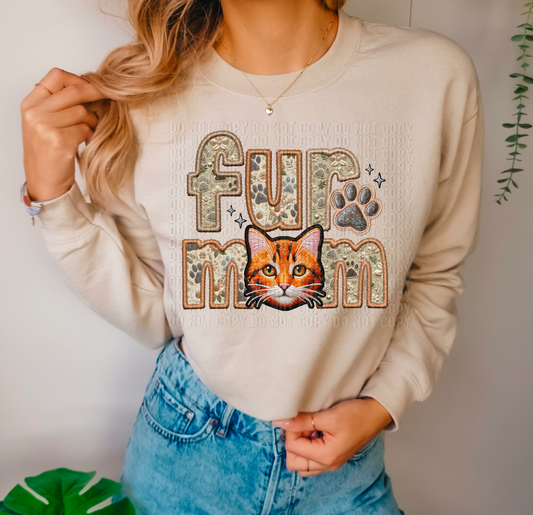 Orange Tabby Cat Fur Mom Embroidery Faux DTF Transfer