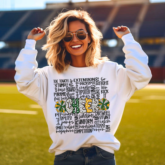 Cheer Doodle Word Art Green Yellow Gold DTF Transfer