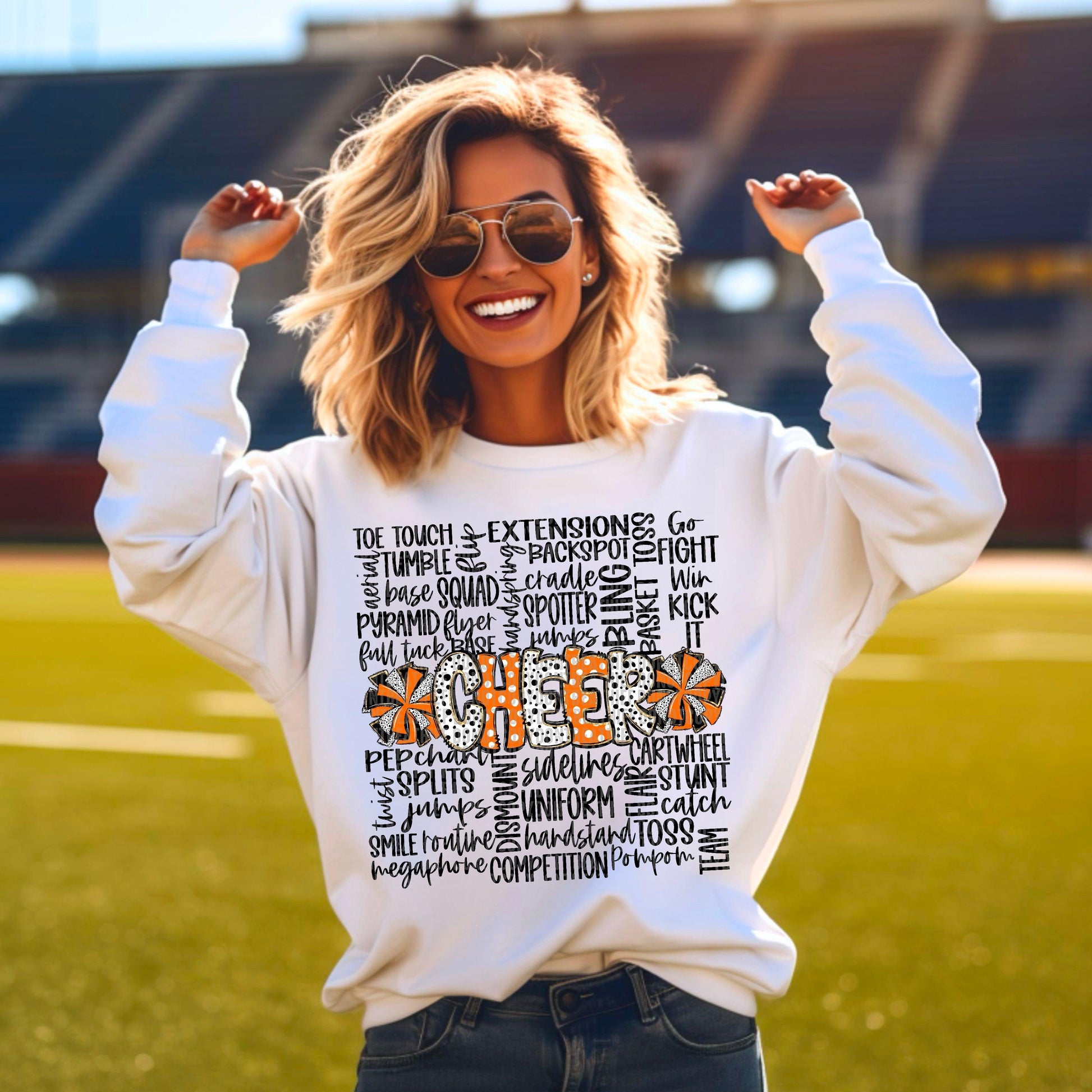 Cheer Doodle Word Art Orange Black DTF Transfer