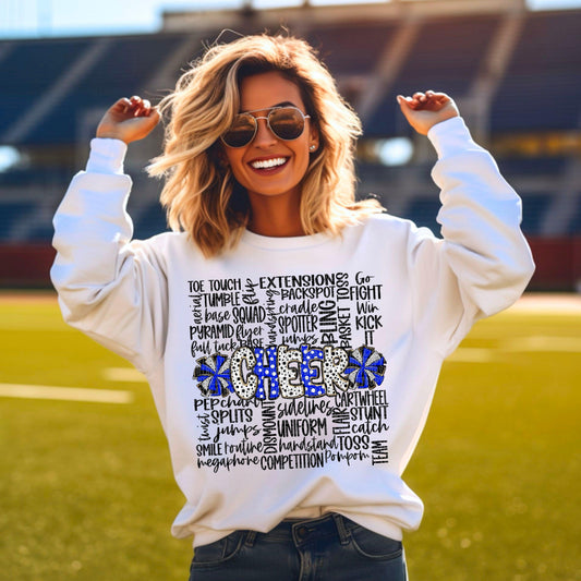 Cheer Doodle Word Art Royal Blue Black DTF Transfer