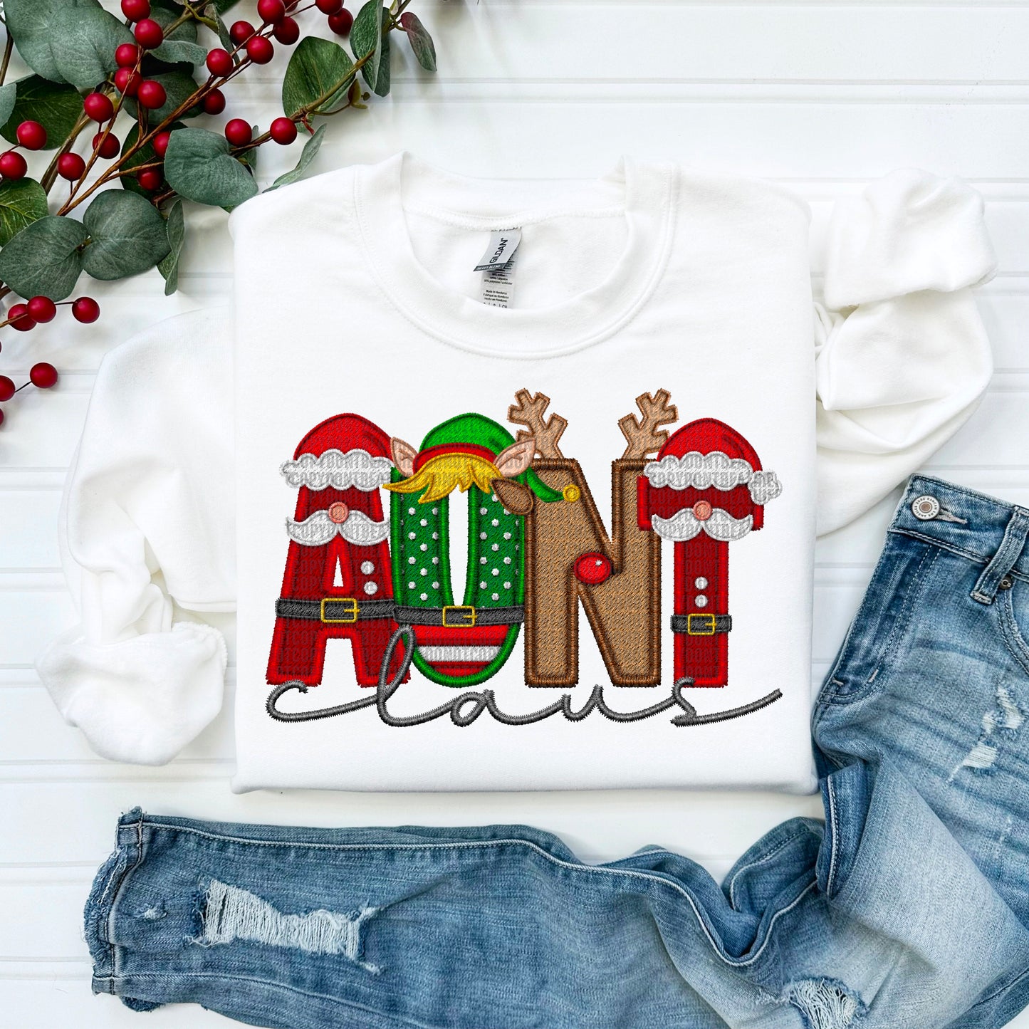 Aunt Claus Embroidery Faux DTF Transfer