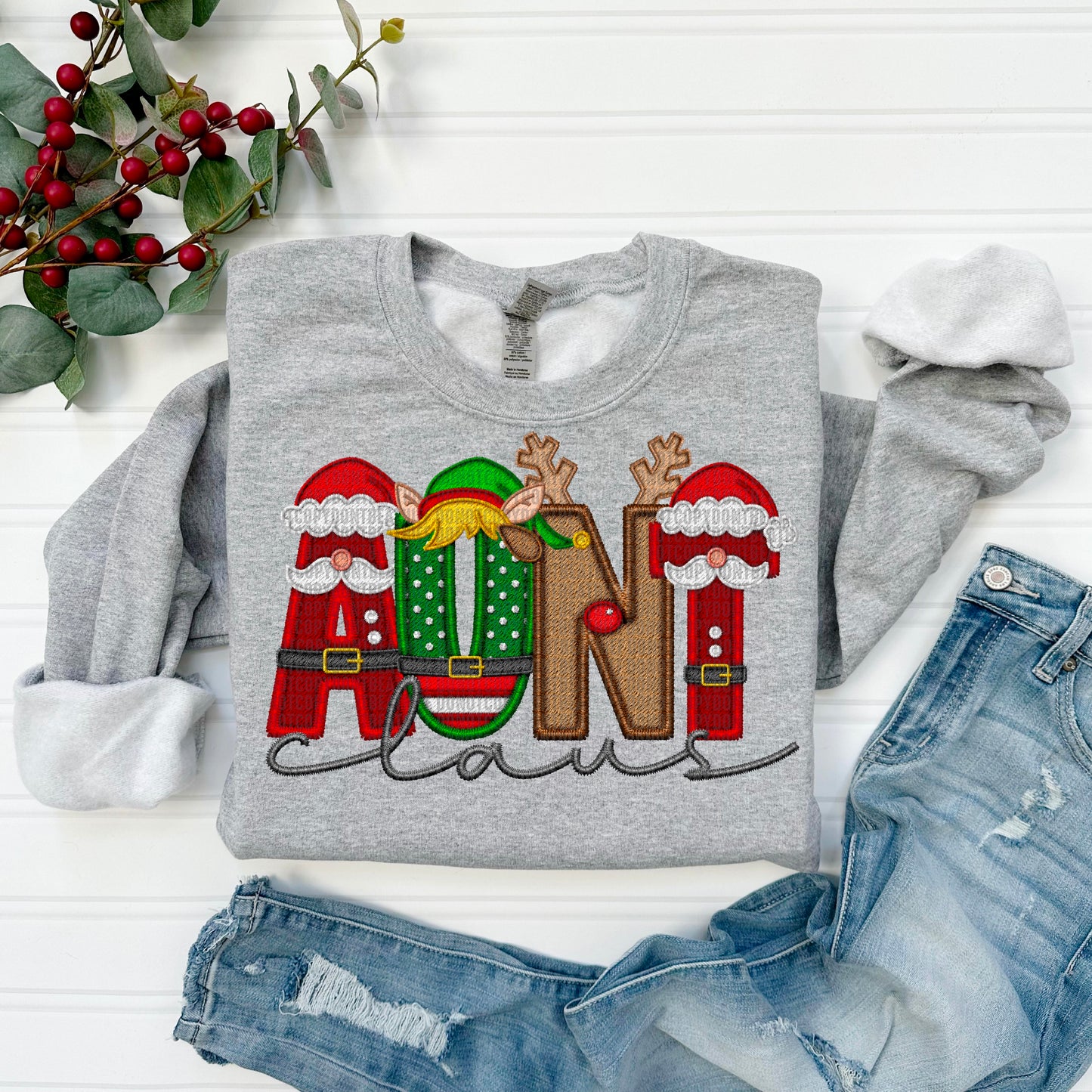 Aunt Claus Embroidery Faux DTF Transfer