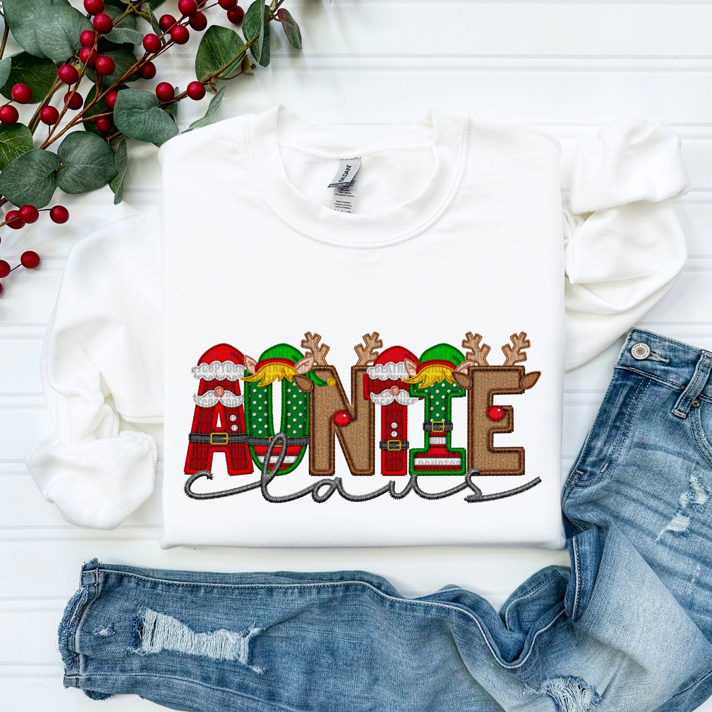 Auntie Claus Embroidery Faux DTF Transfer