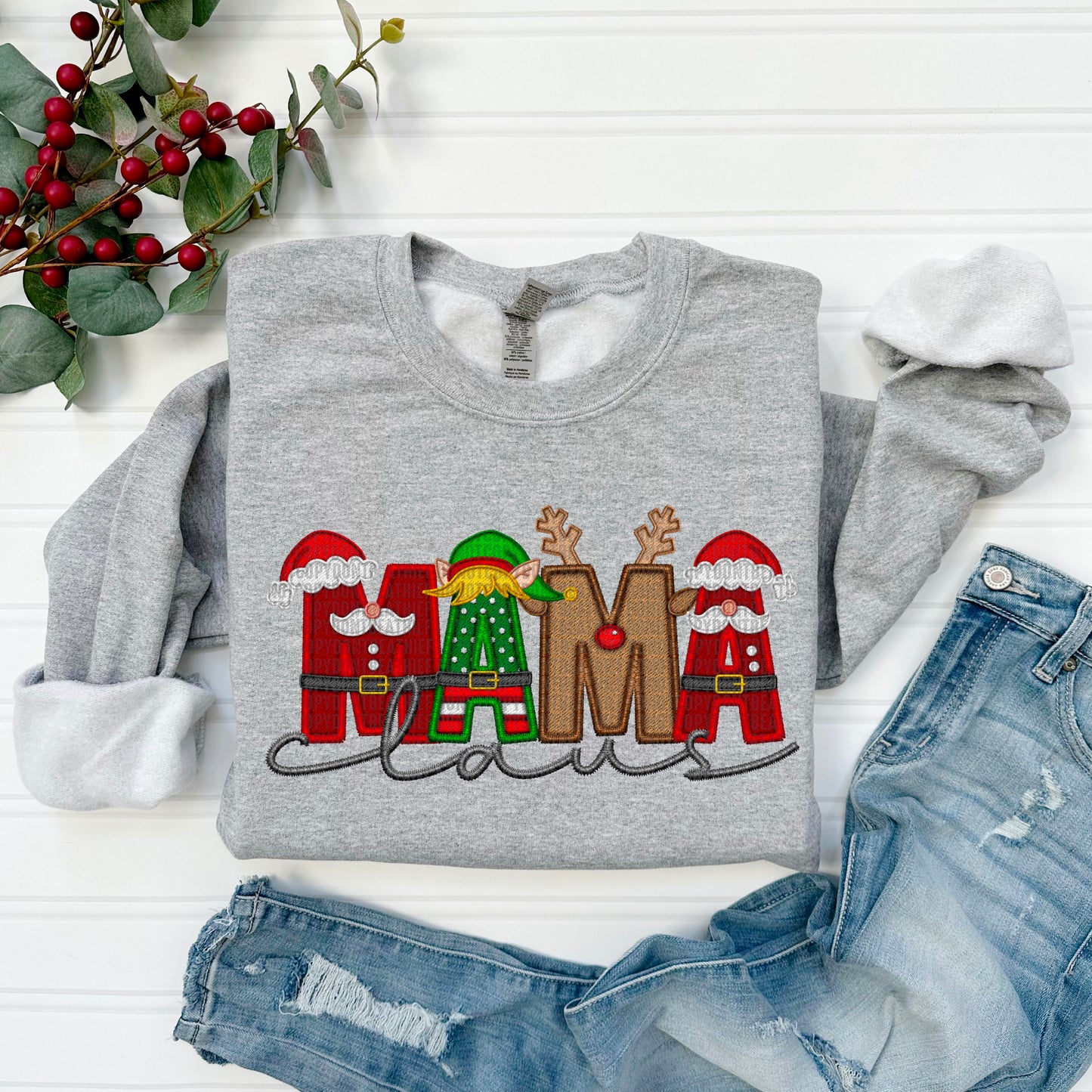 Mama Claus Embroidery Faux DTF Transfer