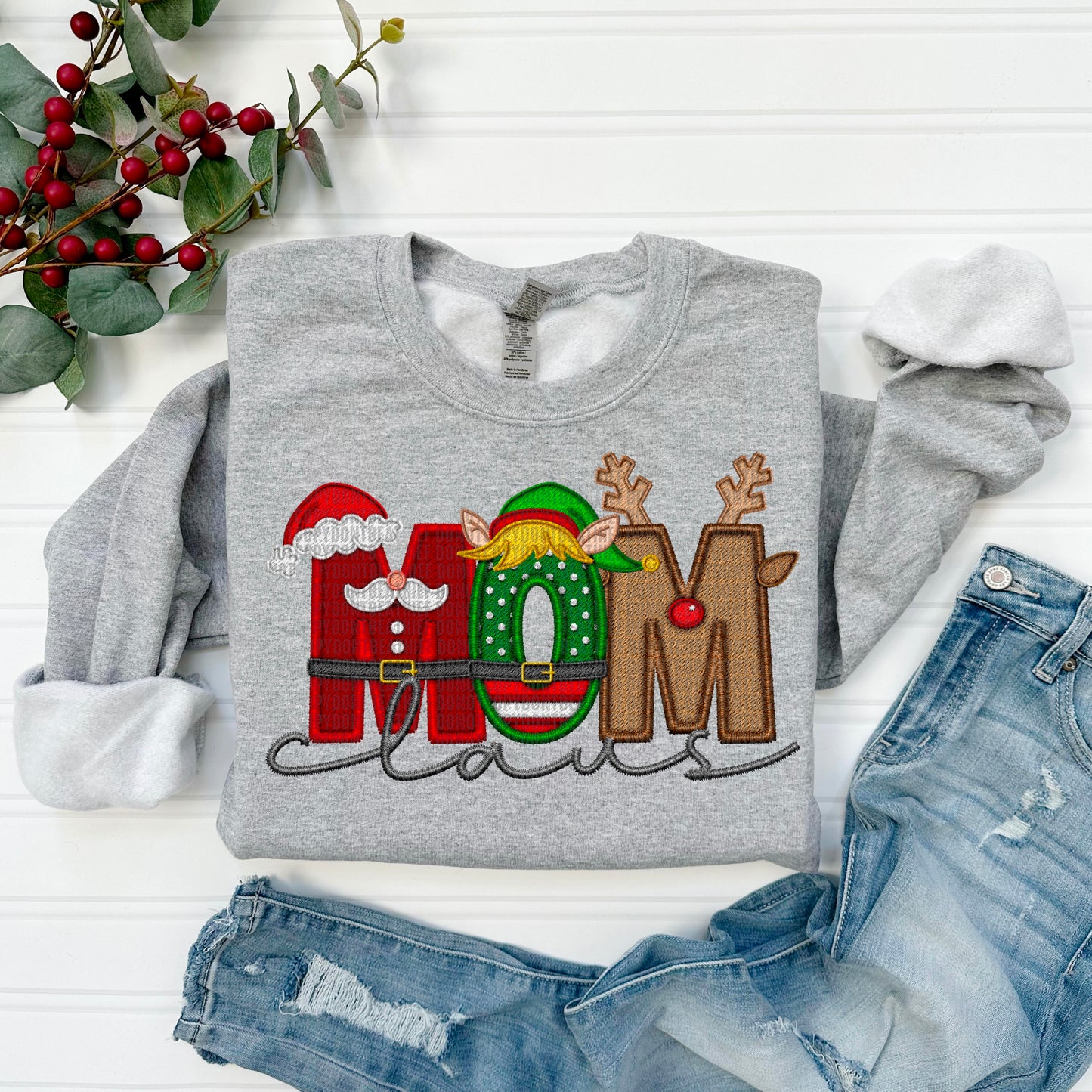 Mom Claus Embroidery Faux DTF Transfer