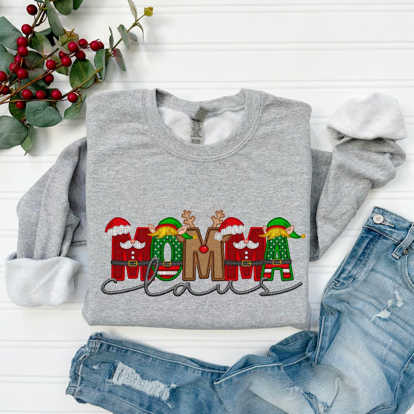 Momma Claus Embroidery Faux DTF Transfer