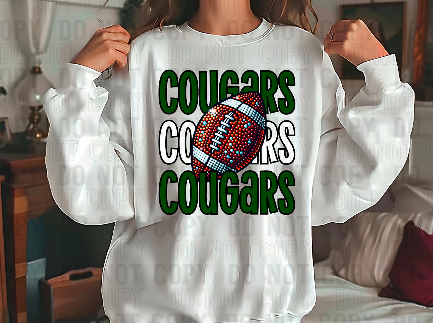 Cougars Rhinestone Football Dark Green White DTF Transfer