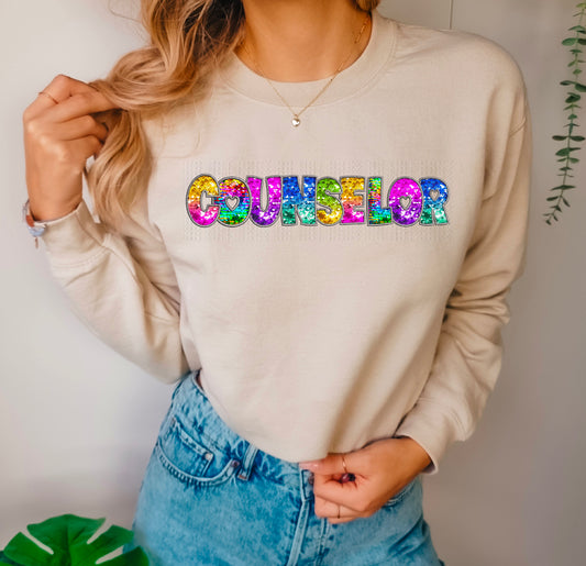 Counselor Bright Sequined Box Letters DTF Transfer