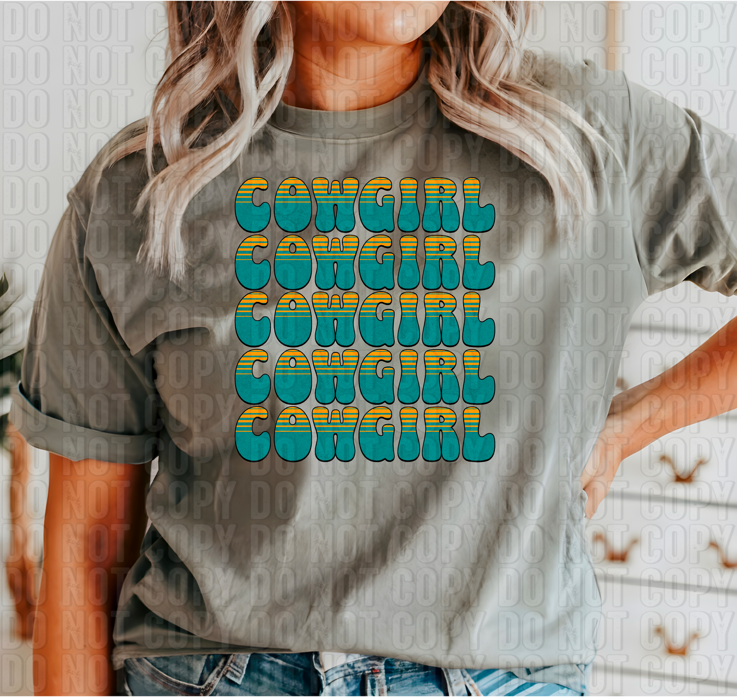 Cowgirl Stacked Teal And Yellow DTF Transfer