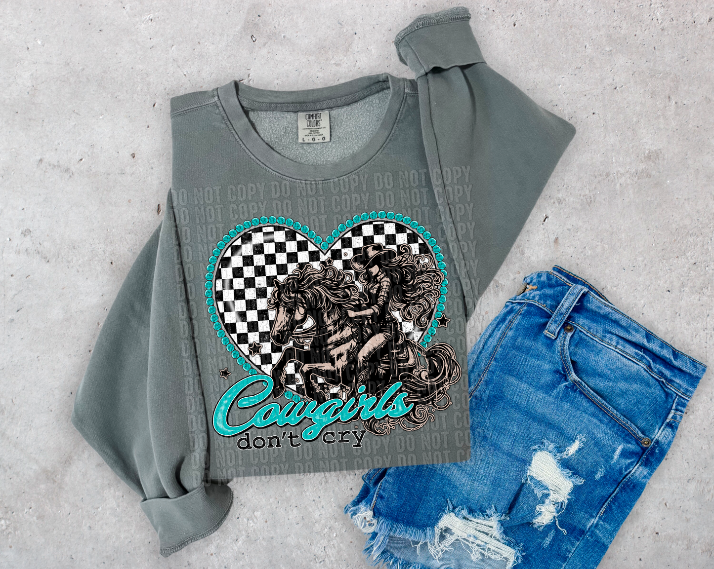 Cowgirls Don't Cry Turquoise Checkered DTF Transfer