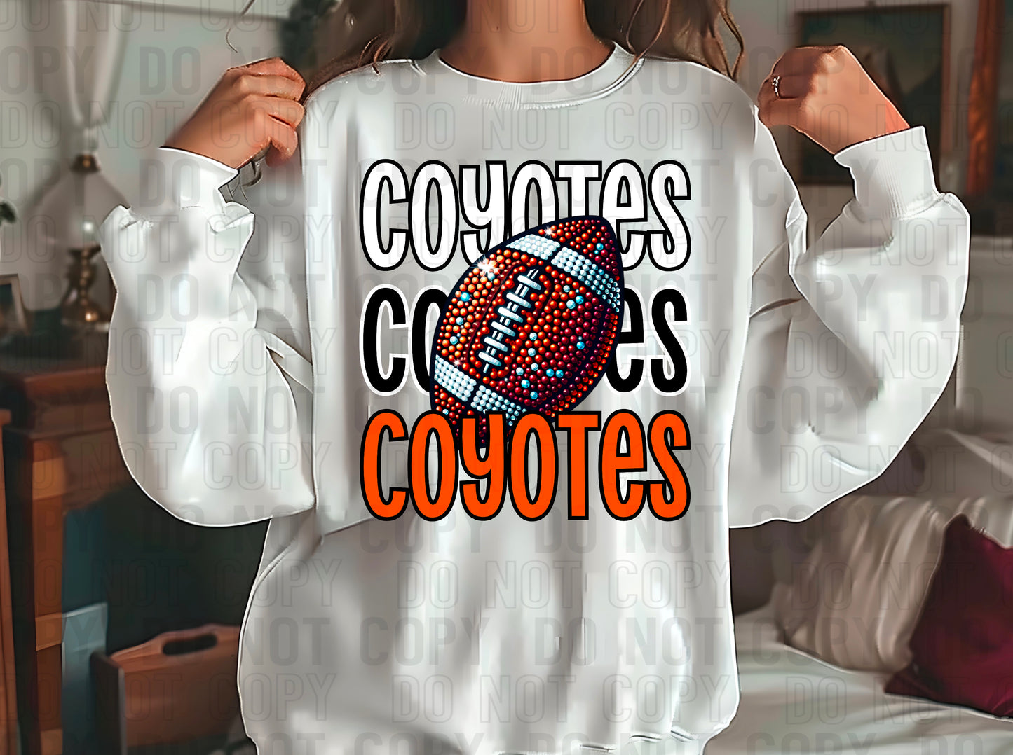 Coyotes Rhinestone Football White Black Orange DTF Transfer