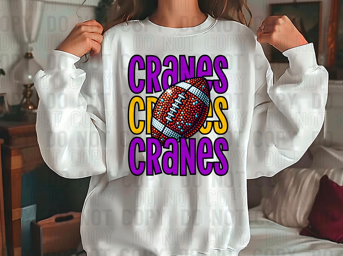 Cranes Rhinestone Football Purple Yellow Gold DTF Transfer