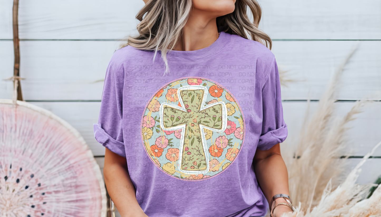 Floral Cross Circle DTF Transfer