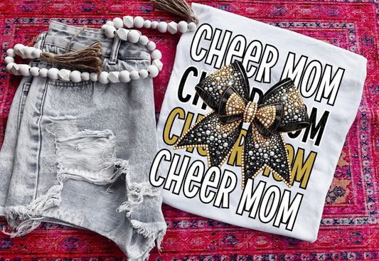 Cheer Mom Black Vegas Gold Bow DTF Transfer