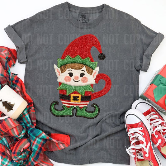 Elf Coffee Faux Embroidery DTF Transfer
