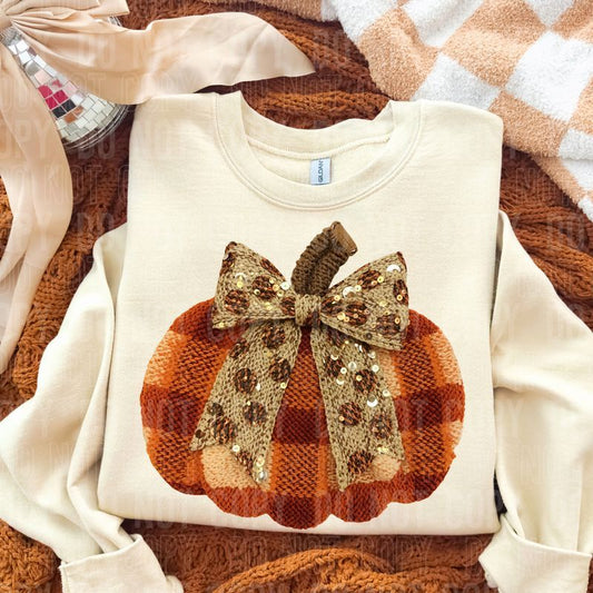 Fall Plaid Pumpkin Bow Yarn Sequin Faux DTF Transfer