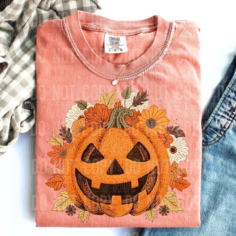 Embroidery Faux Floral Jack O Lantern DTF Transfer