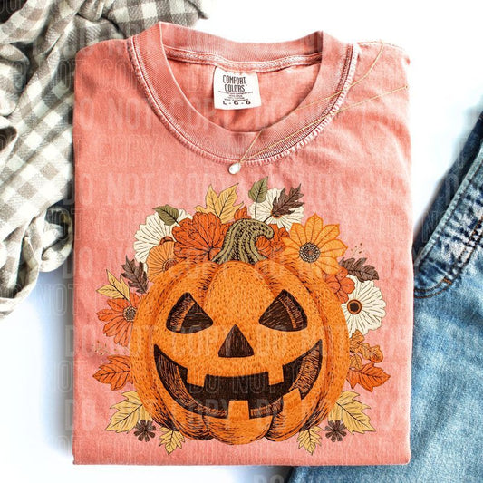 Embroidery Faux Floral Jack O Lantern DTF Transfer