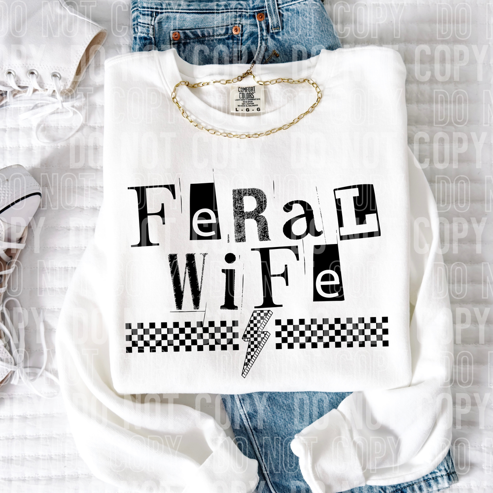 Feral Wife Checkered Bolt Word DTF Transfer