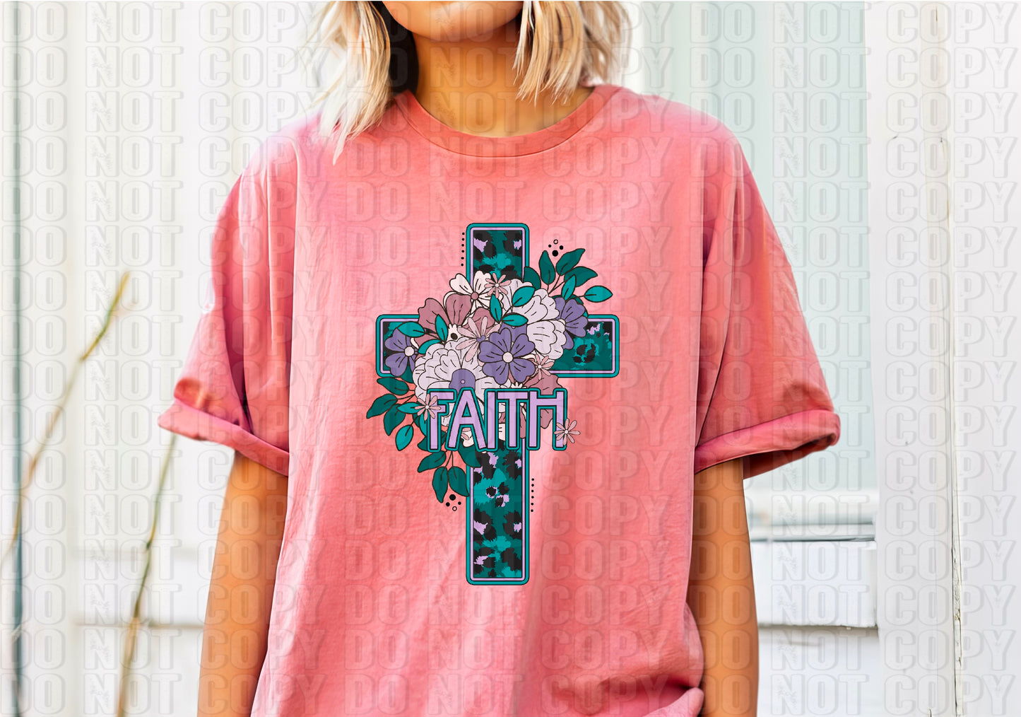 Faith Teal Leopard Cross DTF Transfer