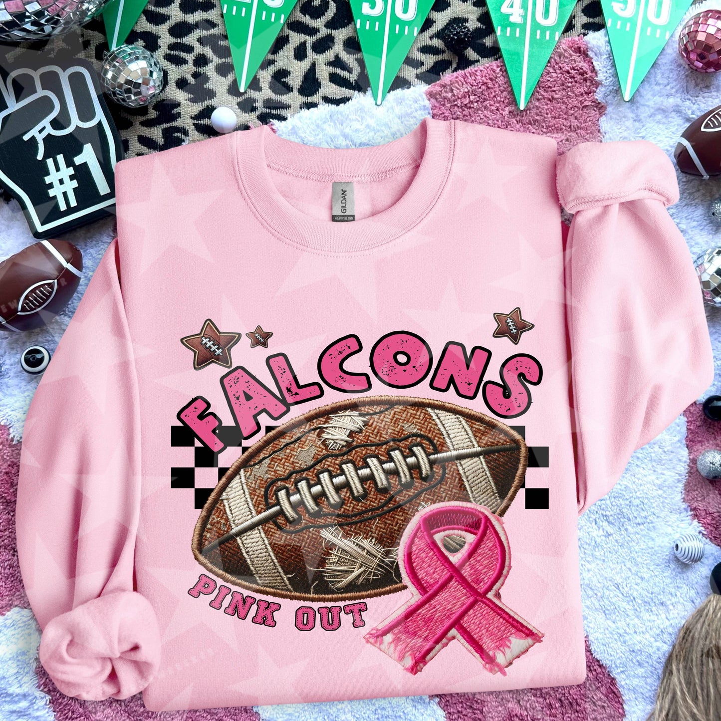 Falcons Football Embroidery Faux Pink Out Mascot DTF Transfer