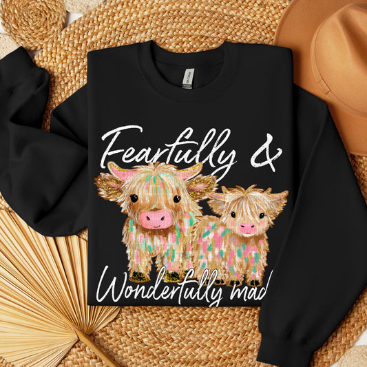 Fearfully & Wonderfully Made Highland Cows White Font DTF Transfer