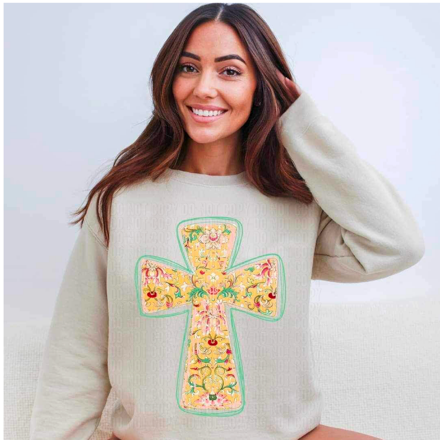 Floral Teal Outline Cross DTF Transfer