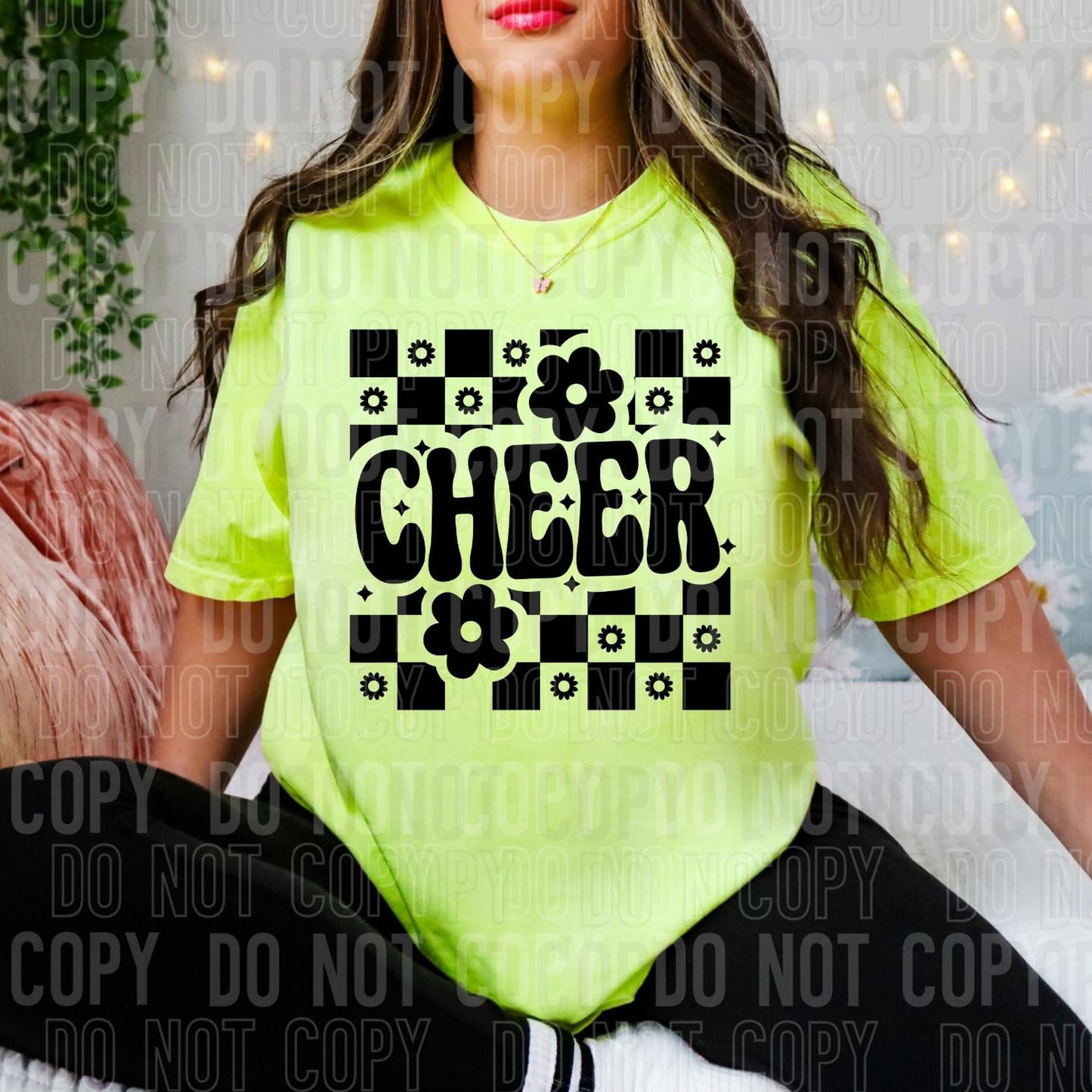 Cheer Flower Checkered Black DTF Transfer