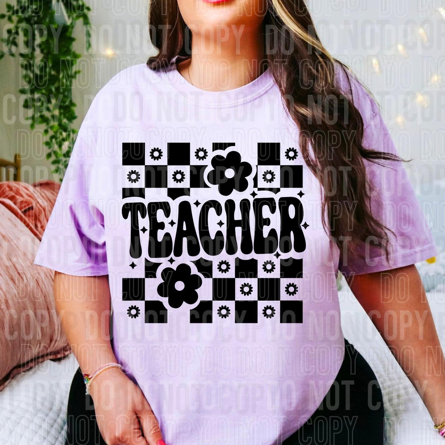 Teacher Flower Checkered Black DTF Transfer