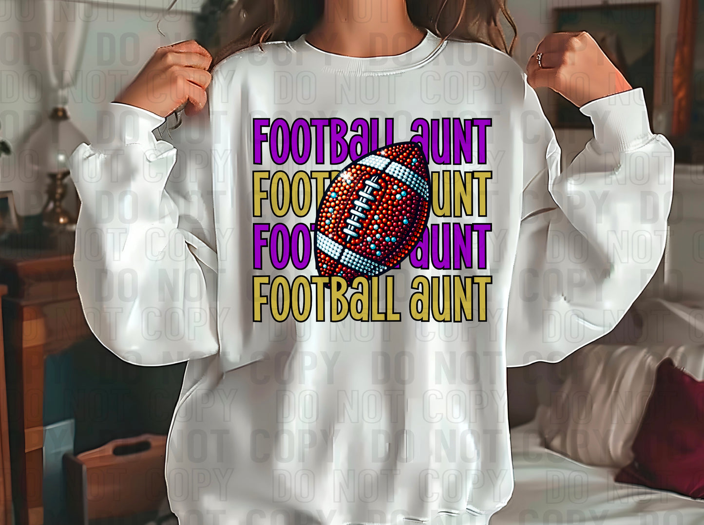 Football Aunt Rhinestone Purple Vegas Gold DTF Transfer