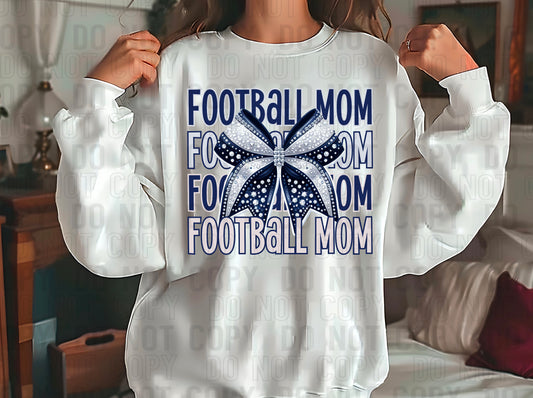 Football Mom Bow Rhinestone Navy Blue White DTF Transfer